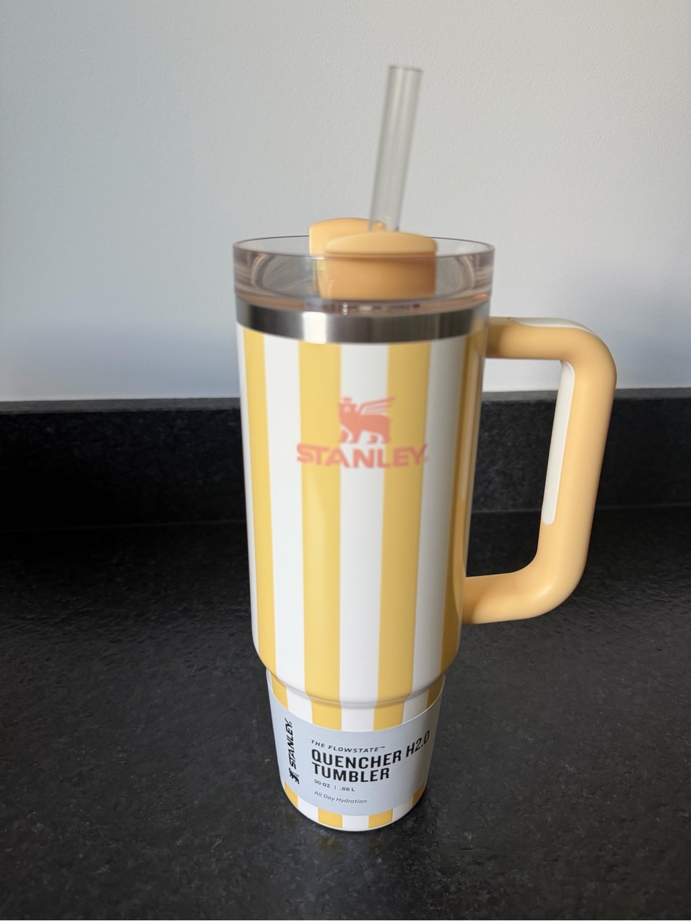 Stanley Yellow Stripe Cabana Butter Yellow Quencher H2.0 Tumbler with Handle - Picture 2 of 7